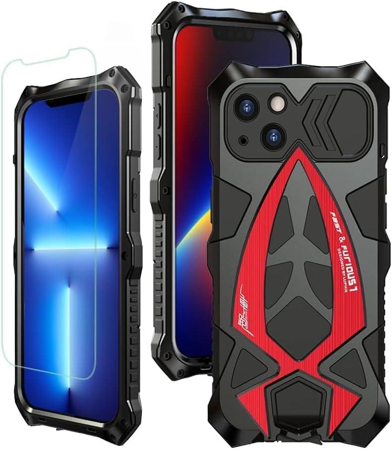 KumWum Armor Phone Case for iPhone 13 Military Grade Protective Heavy Duty Full Body Cover Aluminium Bumper Built-in Silicone Shockproof Dustproof - Black + Red
