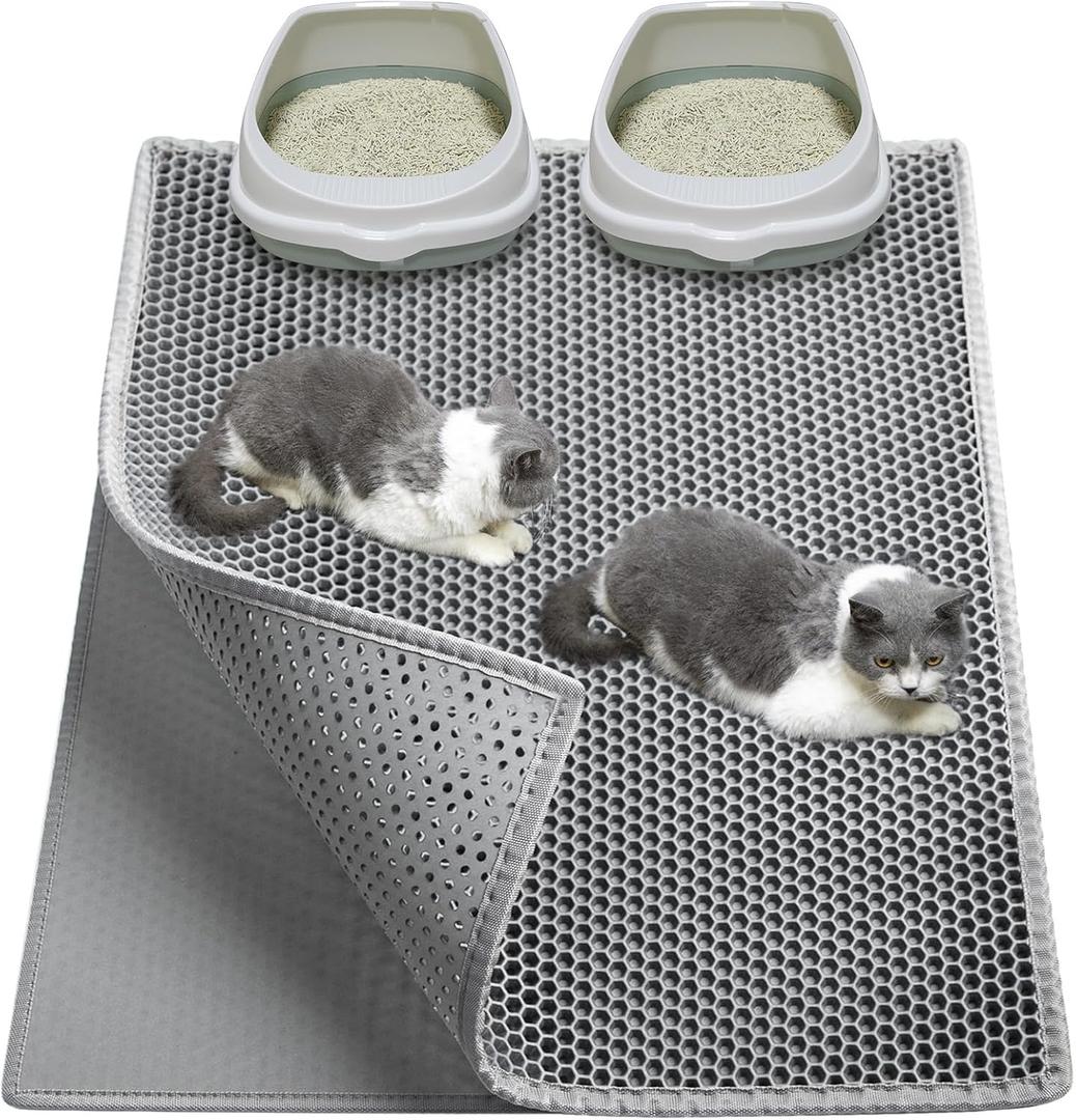 Cat Litter Mat Litter Trapping Mat, Large 36" X 30" Cater Pad, Double Layer Honeycomb Holes Scatter Control, Gray