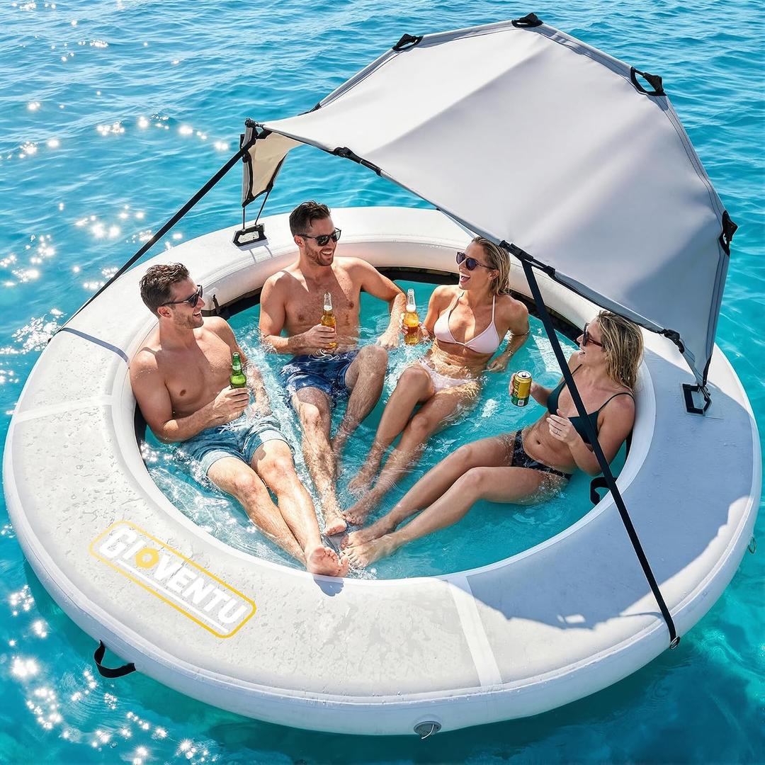 Inflatable Water Hammock, 8FT Lake Float for Adults, 660 LB Capacity, Sun Chill Float Ring with Cooling Mesh Center & Removable Shade Canopy, Drop-Stitch Platform for Pool, Lake & River