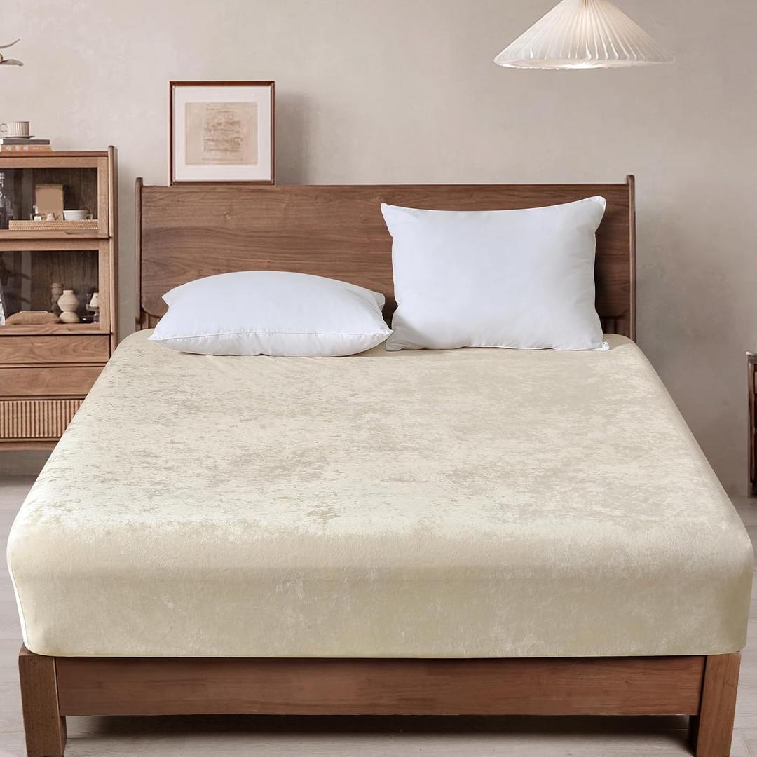 PHF Truly Velvet Fitted Sheet Only Queen Size, Luxury Super Soft Cozy Fuzzy Fleece Bottom Sheet, Deep Pocket Up to 16",Strenghth Elastic Band, Suitable for Fall Winter Spring, No Pillowcases, Sand (Queen Size (60"X80"X15"))