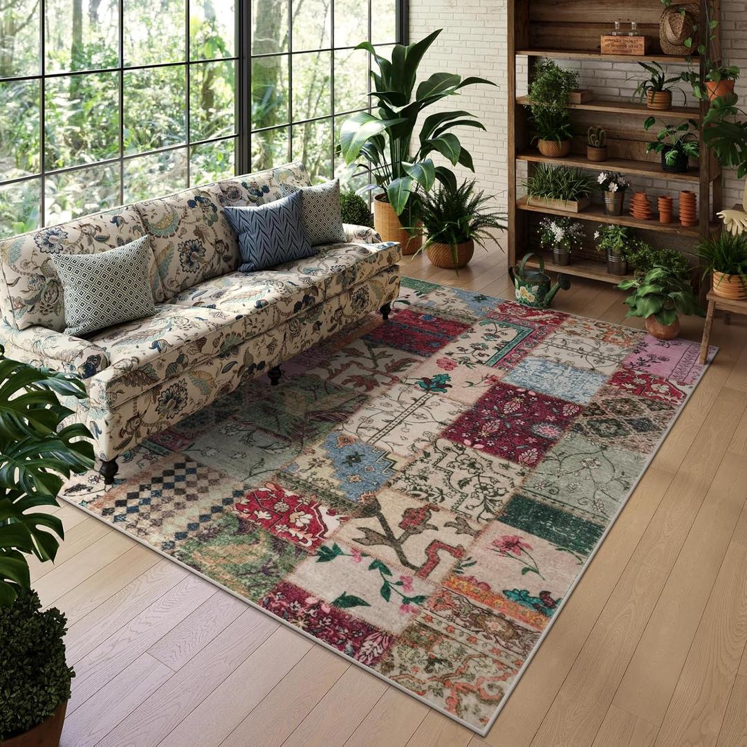 LIVEBOX Washable Area Rugs 5x7, Soft Boho Rugs for Living Room, Low Pile Non-Shedding Room Rugs for Bedroom, Vintage Bohemian Patchwork Area Rug for Dining Room Office Nursey Room (5 x 7, Red/Multi)