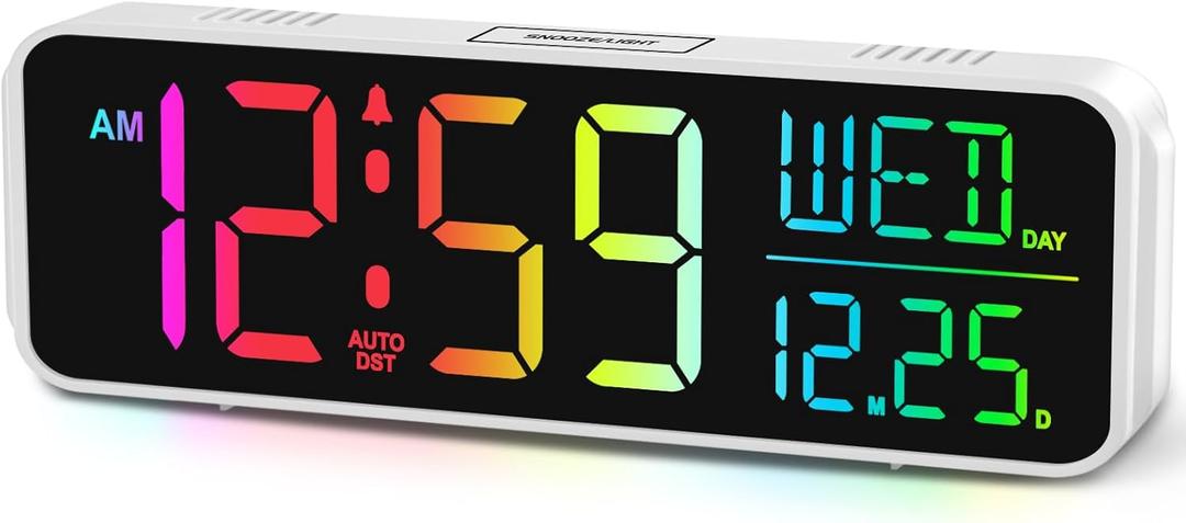 Peakeep Large Display Digital Alarm Clock for Bedrooms, Date Day of Week Temp Desk Table Clocks for Living Room Office, Dimmable Plug in Electric Clock, 5 Volumes, Loud, Auto DST (White Rgb)