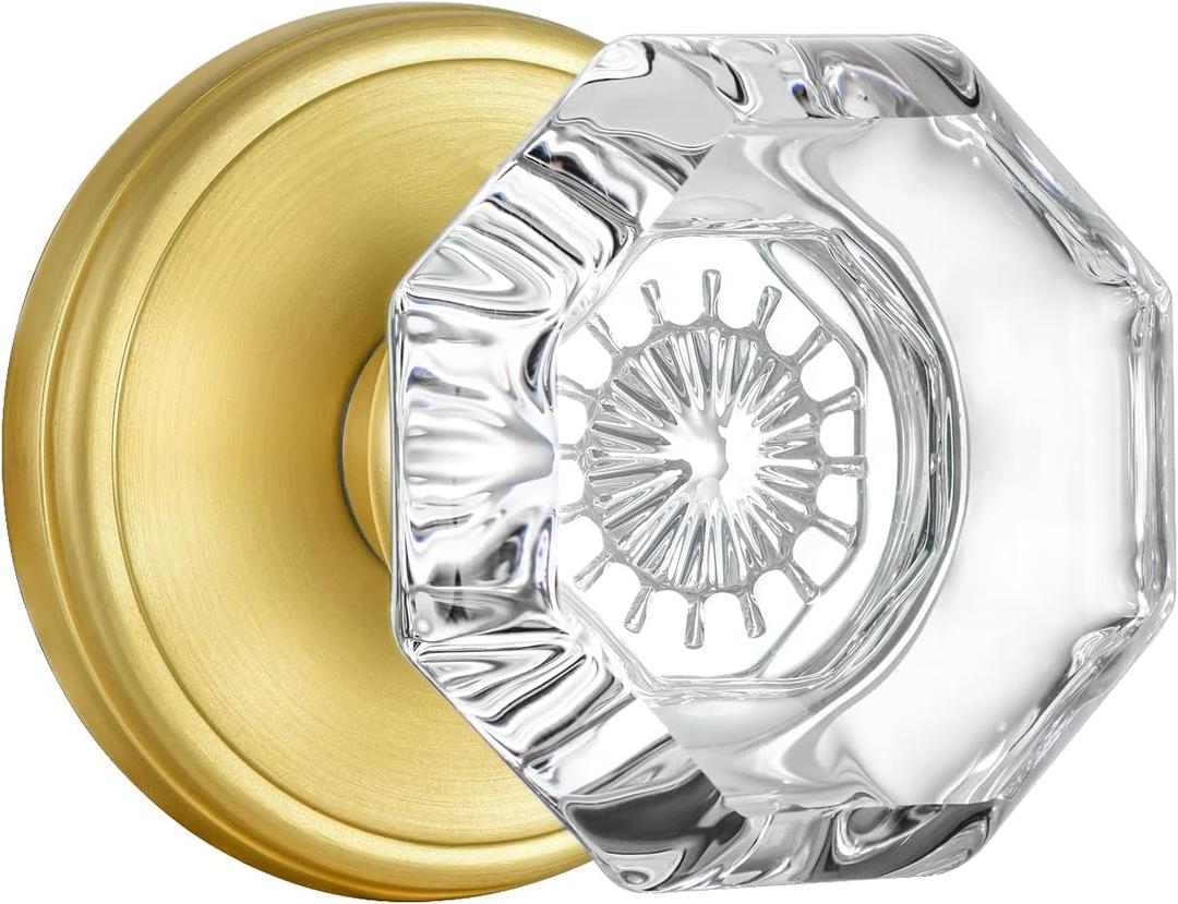 Octagon Crystal Glass Door Knobs Gold Door Knob, Passage Function Interior Door Knobs for Hall Closet, Satin Brass Finish