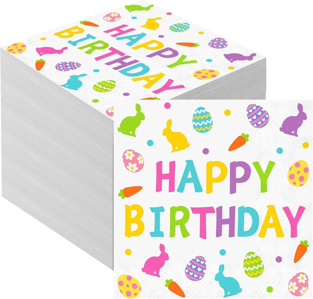 3 x 50 Pcs Easter Bunny Birthday Party Supplies 6.5 x 6.5 Inch Folded 3 Ply Bunny Birthday Disposable Paper Napkins for Easter Rabbit Egg Baby Shower Party Supplies