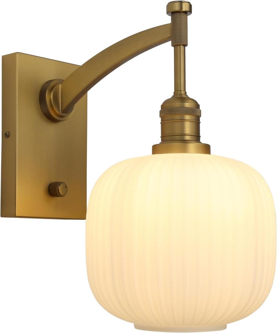 Pathson Milk White Glass Wall Sconce with Switch, Hardwired Wall Vanity Light, Mid-Century Vintage Wall Lamp Fixture or Living Room Farmhouse Bathroom Bedside Lighting (Brass Gold)