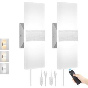 Plug in Wall Sconces with Stepless Adjustable 3000K-6500K Colors and 10%-100% Brightness, Sconces Wall Lighting with Remote Control 12W Acrylic LED Wall Lamp with 6FT Plug in Cord, 2 Pack