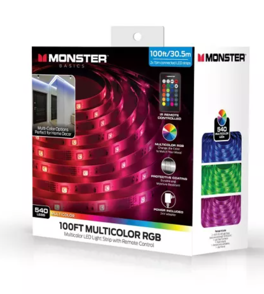 Monster 100' RGB LED Light Strip Indoor: 100ft Multicolor USB Powered Tape Lights, 540 LEDs, 4 Settings, CR2025 Battery