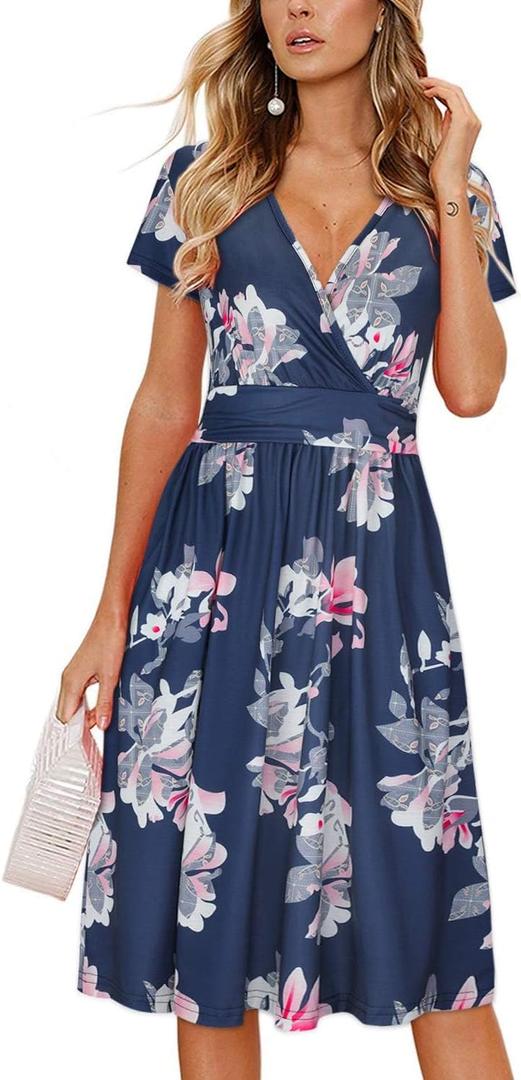 OUGES Casual Summer Dress for Women Wrap V Neck A Line Midi Dresses with Pockets (Blue, L)