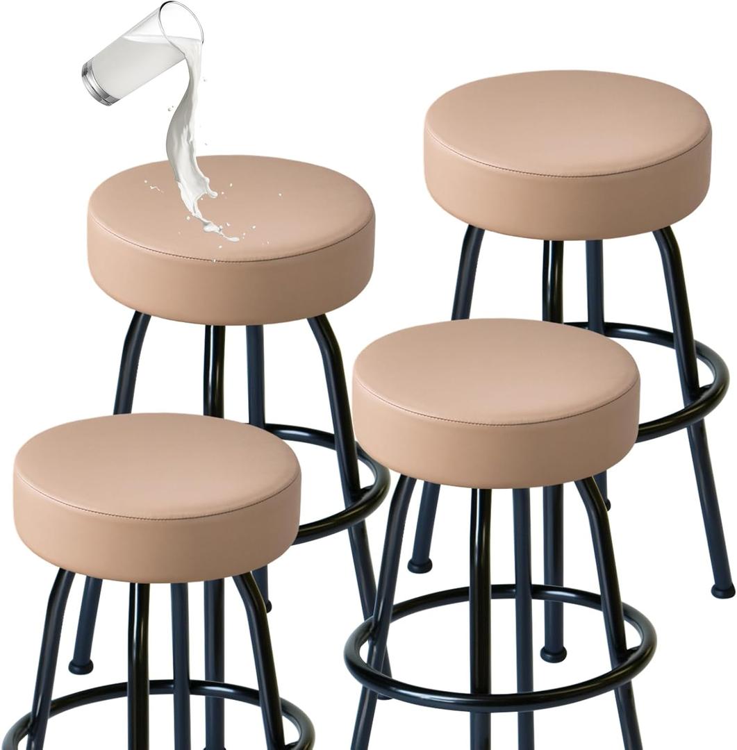 FUANGUI Bar Stool Covers Round Set of 4, Waterproof PU Bar Stool Seat Covers with Elastic Bands,Bar Stool Chair Covers Washable Stool Cushion Slipcover for 16-18 Inch - Khaki