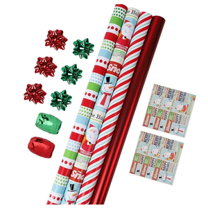 LaRibbons Christmas Wrapping Paper Roll with Cutlines, Polka Dot & Stripe Design with Gift Bow & Ribbons & Tags, Perfect for Christmas, Holiday Party, 30 Inch X 10 Feet (4Rolls, 100 sq.ft.ttl.)