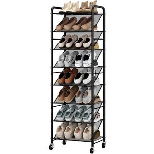 STO STO 8-Tier Narrow Shoe Rack with Lockable Wheels, Double-Sided Vinyl Mesh Shelf Shoe Organizer for Up to 30 Pairs, Slim Space Saving Metal Rolling Shoe Storage for Entryway, Closet, Hallway