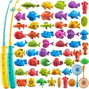 TEMI Fishing Toy Game for Kids, 51 Fish Bath Playset for Toddlers | Toy Magnetic Rod and Fishing Net, Outdoor Water Toys for kids Age 3-5, Party and Holiday Gift for Boy and Girl
