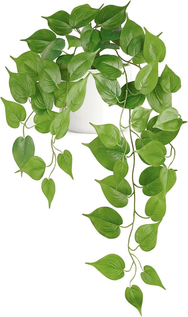 Mkono Fake Hanging Plants with Ceramic Pot, 25" Artificial Plants for Home Decor Indoor Faux Green Leaf Plant with Modern White Planter for Desk Shelf Bathroom Decoration (Pothos)