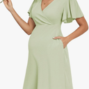 2024 Summer Maternity Nursing Dress Pockets Baby Shower Wedding Guest Pregnancy Short Ruffle Sleeves A-line Midi, S