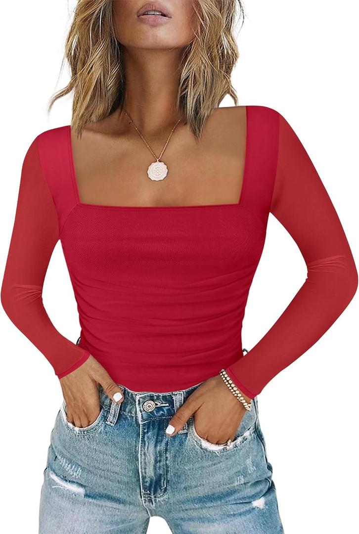 Chunpin Women's Bodysuits Square Neck Long Sleeve Bodysuits Mesh Ruched Thong Body Suit Outfits Going Out Tops (Medium)