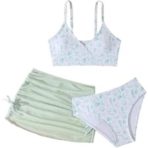QJQ Girl's 3 Piece Floral Swimsuit Cute V Neck Bikini Set High Waisted Bathing Suit Sheer Mesh Cover Up Skirt (Green 1, 8 Years)