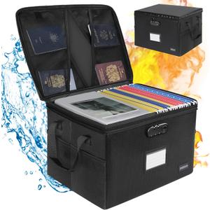 DEEGO Fireproof Document Box, Water-Resistant File Organizer Box with Lock, Portable File Box with Handle Document Safe Collapsible File Cabinets for Home Office for Hanging Letter/Legal Folder, Black (Black)