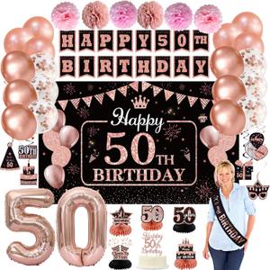 WOJOGO 50th Birthday Decorations for Women - 40pc Rose Gold Party Decor Set with Happy 50th Birthday Banner Cake Topper Number 50 Balloons Sash Honeycomb Centerpieces Hanging Swirls and Large Backdrop