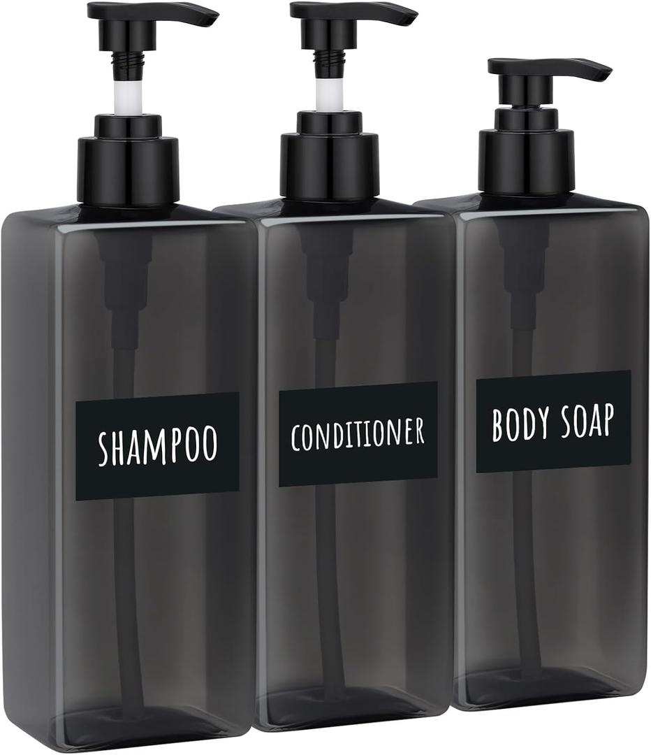 Segbeauty 16.9oz Shampoo Bottles Refillable Pump Bottle, 3pcs Shower Bottle Soap Dispenser with Labels, 500ml Gray Empty Plastic Square Shampoo Conditioner Dispenser, Body Wash Containers for Bathroom