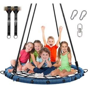 Trekassy 45" 750lbs Spider Web Tree Swing for Kids & Adults, Outdoor Steel Frame Saucer Net Swing with Swivel, Adjustable Ropes + 2 Tree Hanging Straps - Blue (Patented)