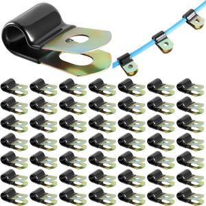 Tandefio 50 Pack Vinyl Coated Cable Clamps Galvanized Steel Cable Metal Wire Rubber Cushioned Insulated Hose Pipe Clamp for Tube Lines Wire Cord Installation(1/4 Inch, 6mm)