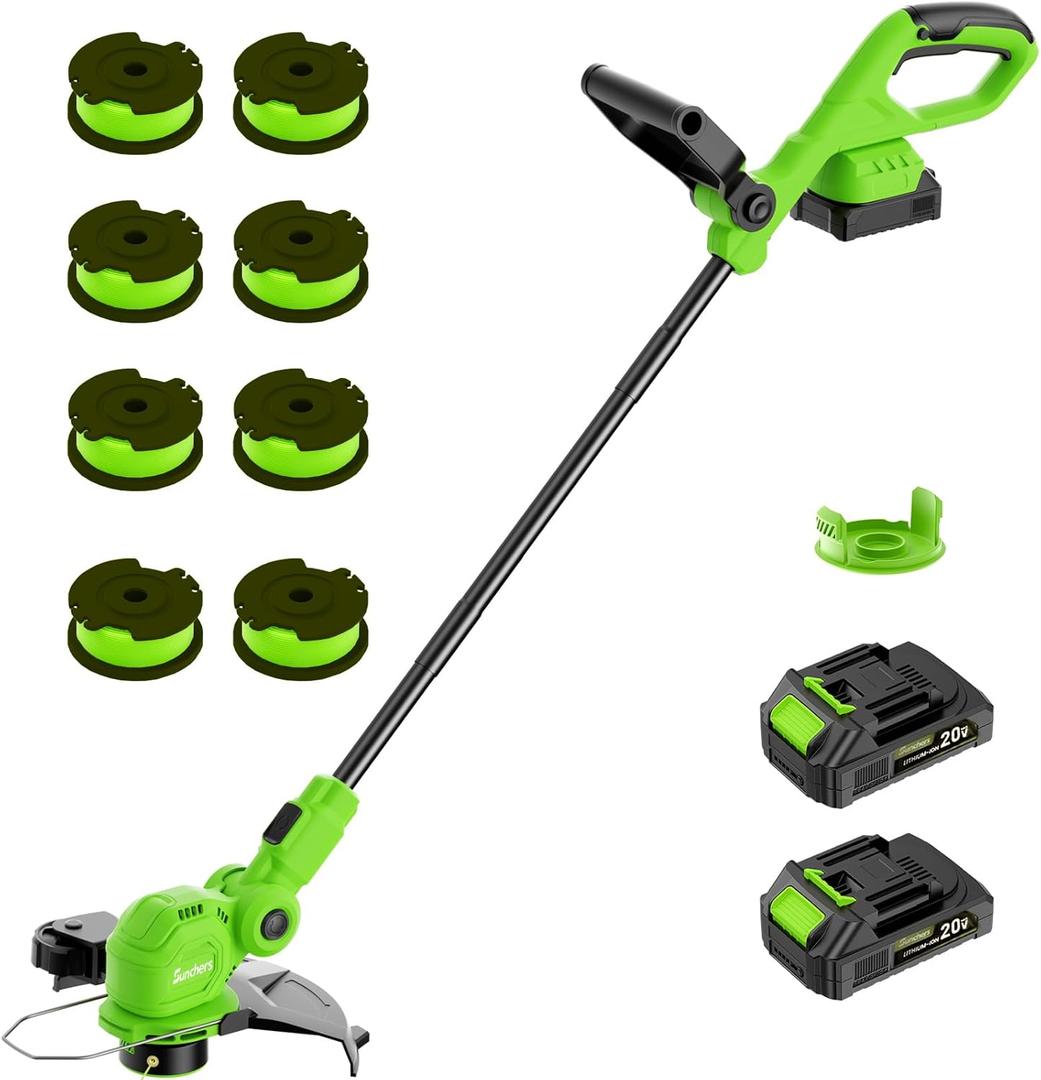SUNCHERS 12-inch 20V Cordless String Trimmer with Charger, 2 X 2.0Ah Battery Powered Grass Mover with Auto Line Feed, 2 in 1 Lawn Edger with 8 Pcs Grass Cutter Spool Line and 2 Spool Cap, Green