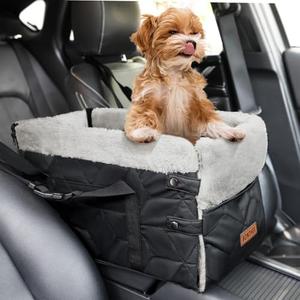 Center Console Dog Car Seat for Small Dogs,PU Leather Small Dog Car Booster Seat,Washable Foldable with Safe Protection Hooks Adjustable Straps and Storage Pocket Pet Up to 15lbs-Black