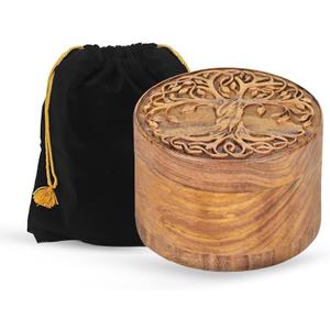 Small Wooden Urn for Human & Pet Ashes Handcrafted Tree of Life Mini Memorial Keepsake Decorative Round Cremation Urn for Dogs, Cats & Loved Ones