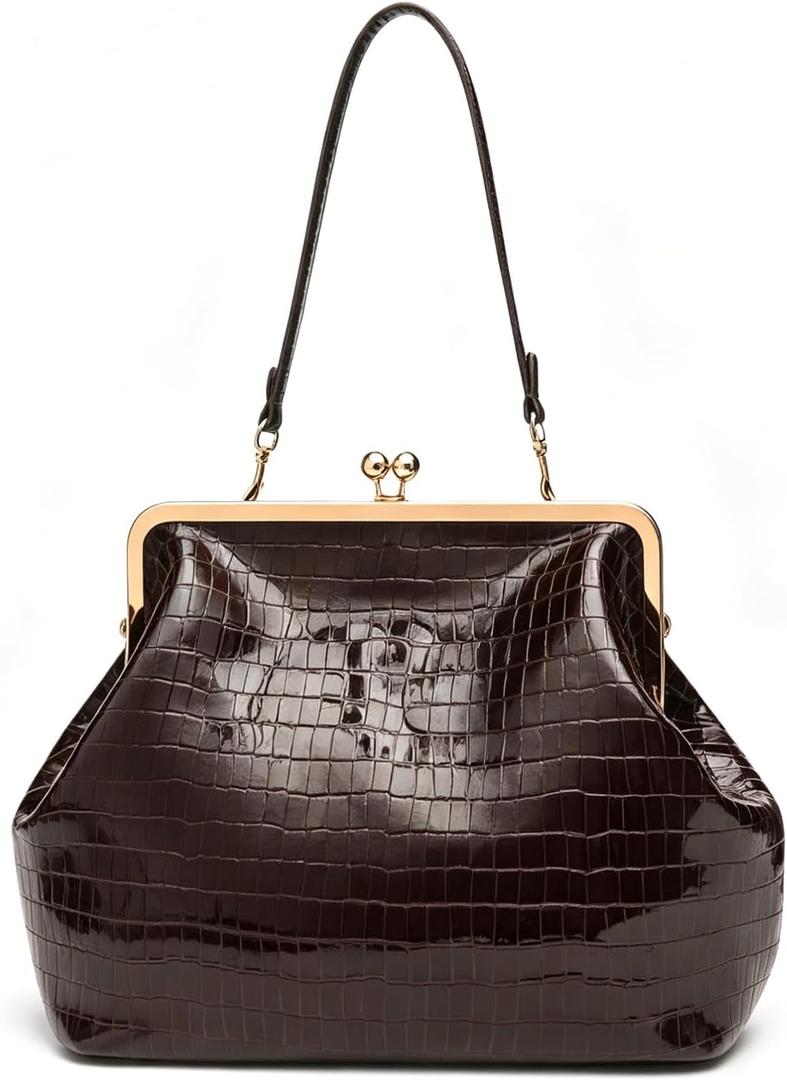 Kisslock Bag for Women Kiss Lock Purses and Handbags Leather Kisslock Shoulder Purse Trendy Tote Bag