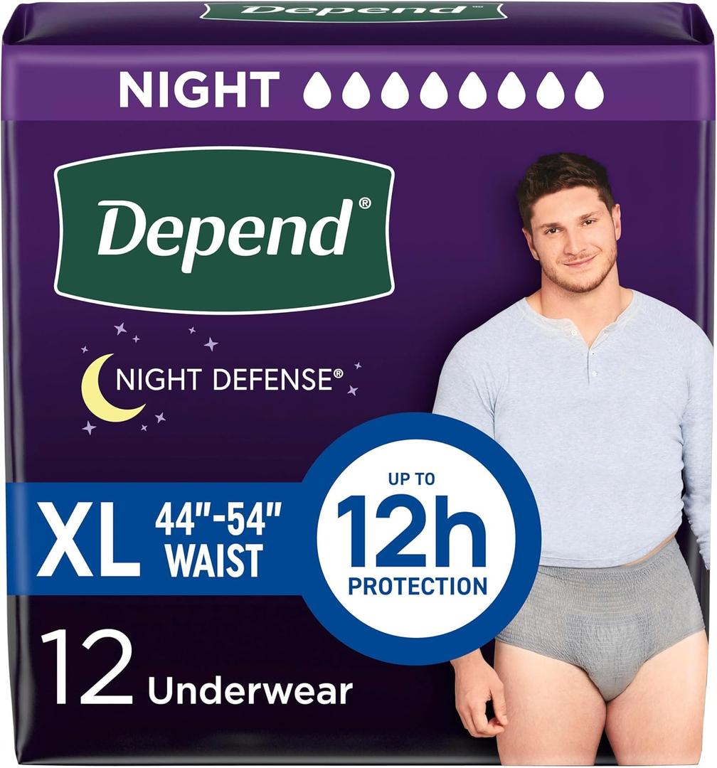 Depend Night Defense Adult Diapers, Incontinence Underwear for Men, Disposable, Overnight, Extra-Large, Grey, 12 Count