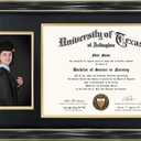 GraduationMall 11x19 Black Diploma and Photo Frame for 8.5x11 Certificate,5x7 Picture,Tempered Glass,Black over Gold Double Mat