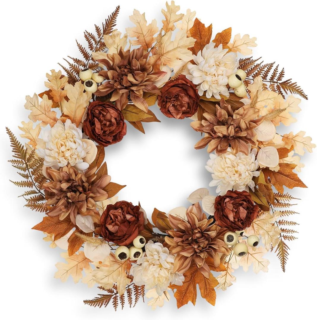 24 Inch Fall Brown Wreaths for Front Door Outside Autumn Wreath with Artificial Dahlia, Chrysanthemum, Rose, Berries & Leaves  Fall Door Wreath for Outdoor Indoor Thanksgiving Decor Terracotta 24 Inch Fall Brown Wreaths for Front Door Outside Autumn Wreath with Artificial Dahlia, Chrysanthemum, Rose, Berries & Leaves  Fall Door Wreath for Outdoor Indoor Thanksgiving Decor Terracotta