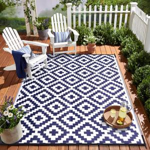 OLANLY Waterproof Outdoor Rug 6x9 ft, Outdoor Plastic Straw Rug for Camping, RV Mat Outside, Indoor Outdoor Carpet for Porch, Deck, Backyard, Balcony, Picnic, Navy & White (6' x 9', Navy Blue & White)