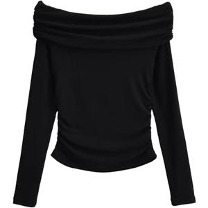 DARONG Women's Ruched Slash Strapless Long-Sleeved T Shirt Slim T-Shirt Asymmetric Warm Tank Tops Black L