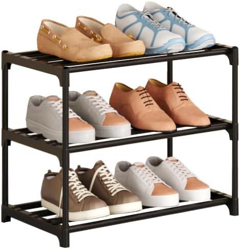 Metal Stackable Small Shoe Rack Organizer, Narrow Shoe Racks for Closets Entryway, Shoe Stand,Shoe Shelf with Handle (3-Tier-Black)