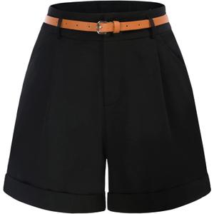 Belle Poque Women Bermuda Shorts Elastic Waist Wide Leg Shorts with Pockets & Belts (X-Large, Black)