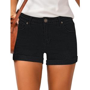 LookbookStore Women's High Waisted Rolled Hem Distressed Jeans Ripped Denim Shorts (S, Black)