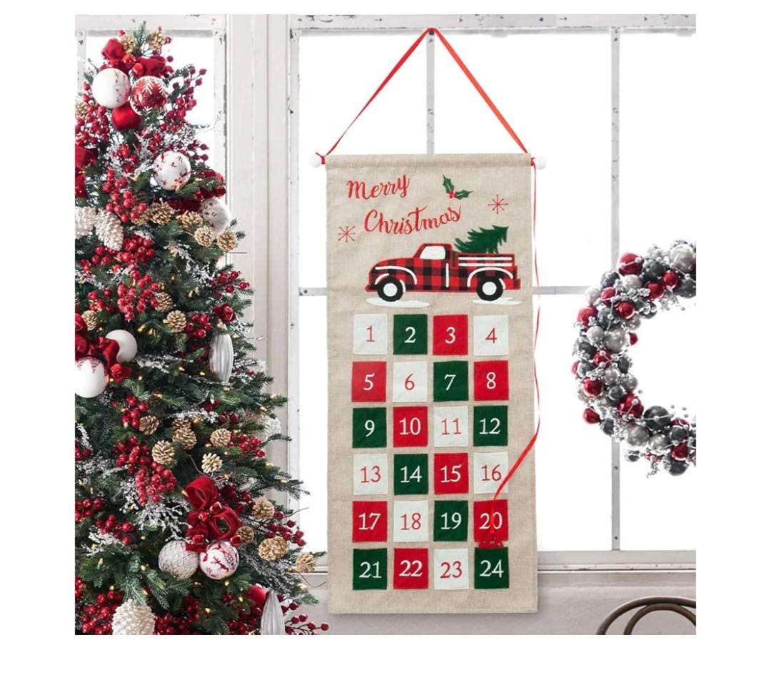 GMOEGEFT Burlap Advent Calendar 2025 Countdown to Christmas with Truck Applique Hanging Xmas Home Wall Fabric Decoration