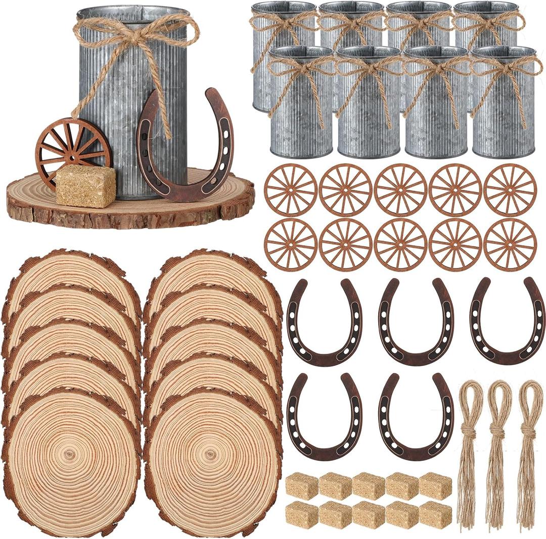 50 Pcs Western Party Decorations Mini Horseshoe Wagon Wheel Hay Bales Crafts Wooden Plate Farmhouse Vase Table Centerpieces Supplies for Western Birthday Wedding Party Favors Decor (Silver)