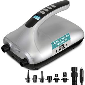 Paddle Board Pump Electric - Portable 20 PSI Dual-Stage Air Compressor for Super Fast Inflation and Deflation, Auto-Off, LCD Display and 12V Car Connector - for SUP, Boats & Inflatables