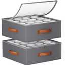 Foyego 2 Pack Coffee Mug Storage Box with Dividers, Stackable China Storage Containers with Lid, Zipper, and Handles for 32 Mugs and Cups, Mug Storage Organizer for Packing & Moving, Gray