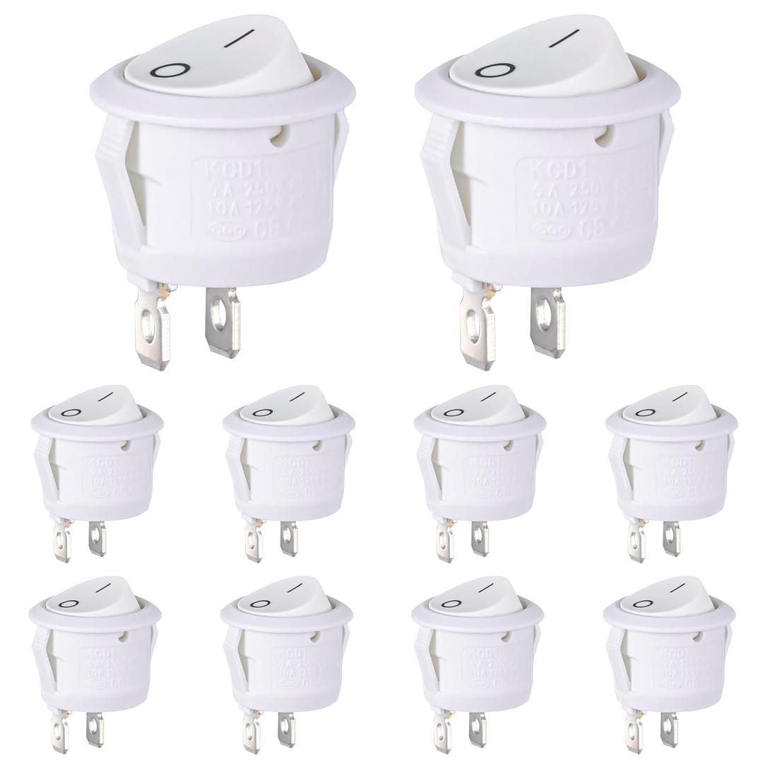 3 x VEXUNGA Round Rocker Switch White 2 Pin 2 Position Mini Circle Toggle Switches On Off 6A/250V 10A/125V KCD1 Rocker Switch for Rv Car Truck Boat (Pack of 10pcs)