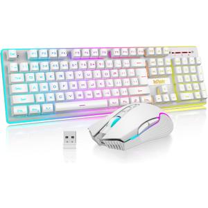 RedThunder K10 Wireless Gaming Keyboard and Mouse Combo, LED Backlit Rechargeable 3800mAh Battery, Mechanical Feel Anti-ghosting Keyboard + 7D 3200DPI Mice for PC Gamer (White)