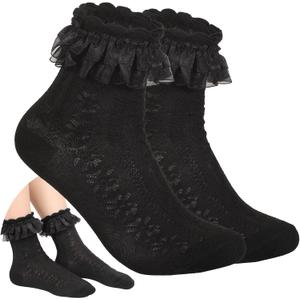Women's Ruffle Socks - Mid-Calf, Lace Ruffle Frilly Comfortable Cotton Princess Socks (Large, 1 Pair Black)