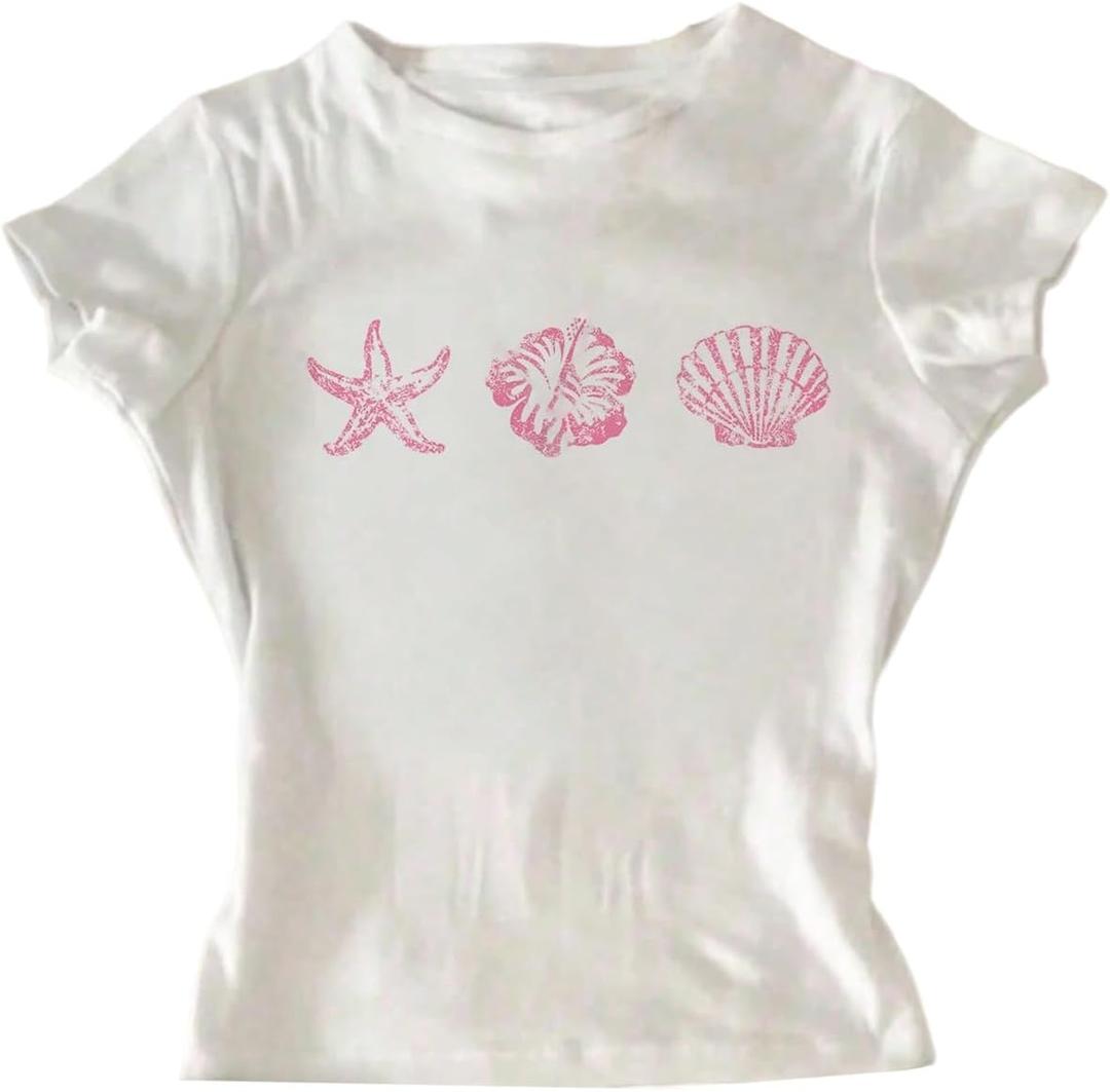 RoseSeek Girl's Short Sleeve Graphic Tees Crew Neck Floral T Shirts Summer Tight Crop Tops