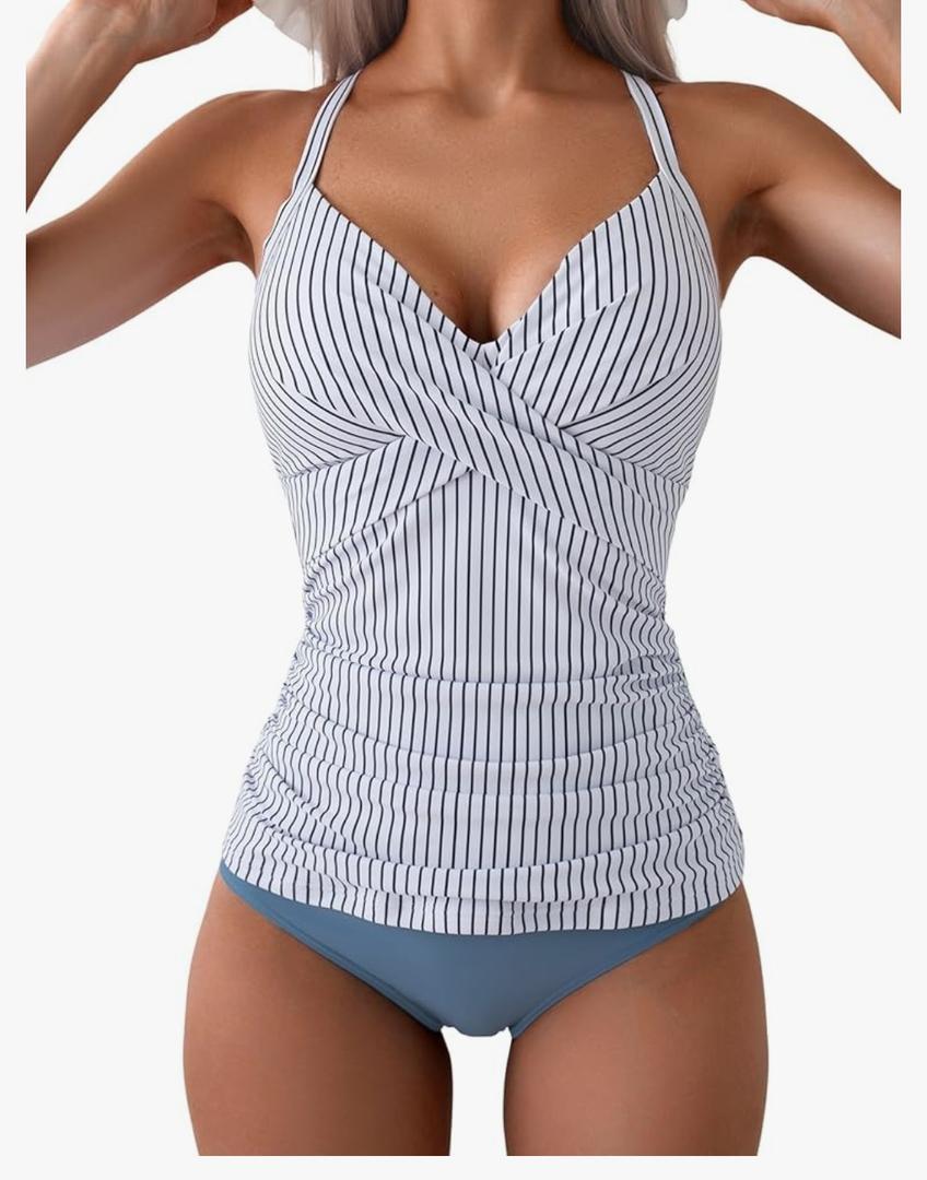 B2prity Women's Ruched Tankini Swimsuits V Neck Wrap Tie Back Two Pieces Bathing Suit Tummy Control Swimwear XL