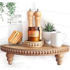 Farmhouse Corner Shelf Stand [with Removable Feet] - Bathroom Countertop Organizer, Decorative Tray Riser, Beaded Wooden Tray, Corner Tray Plant Stand, Coffee Bar Organizer for Kitchen Countertop (Rustic Brown)