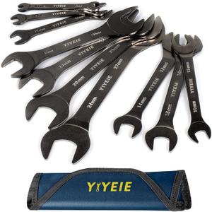 YIYEIE Super-Thin Open End Wrench Set, 10-Piece Metric, 5.5, 7, 8, 9, 10, 11, 12, 13, 14, 15, 16, 17, 18, 19, 20, 21, 22, 23, 24, 27 mm, Nickel Coating, CR-V Steel, Slim Wrench with Rolling Pouch