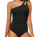 Holipick One Shoulder One Piece Swimsuit for Women Tummy Control Bathing Suits Modest Full Coverage Keyhole Swimwear Black L