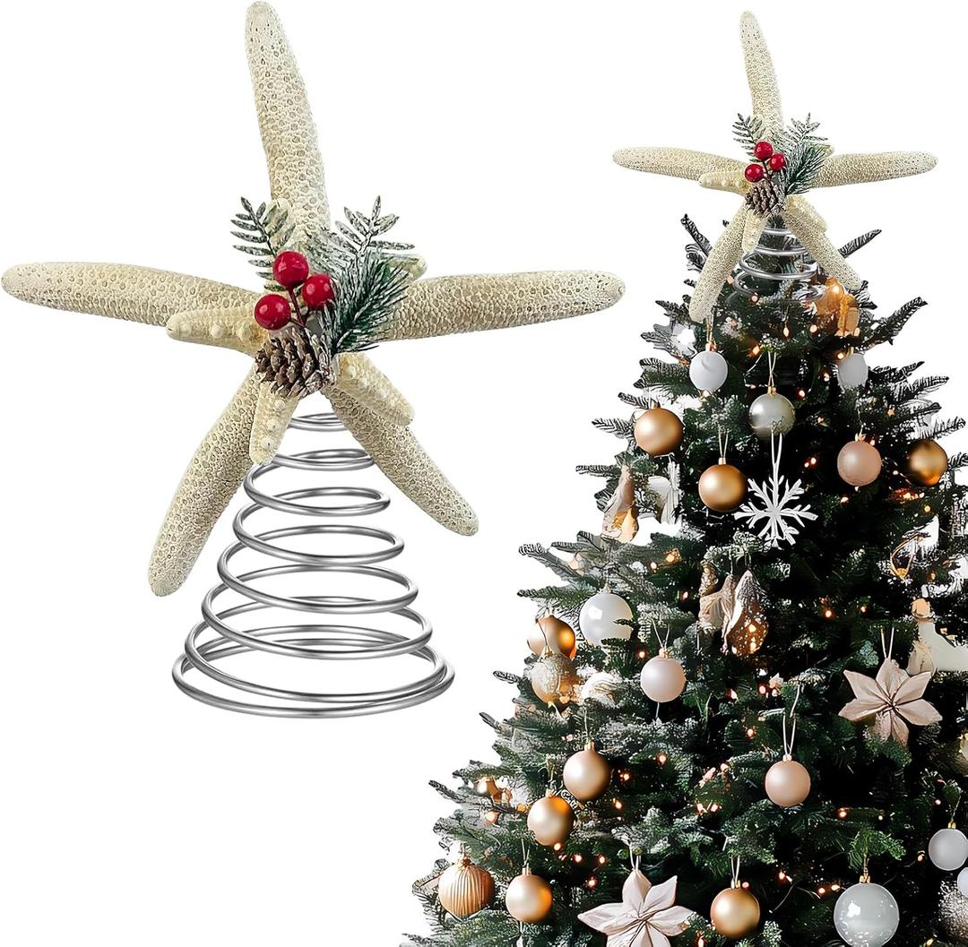 LipLopBest Starfish Tree Topper for Christmas Trees, 9.06 Inches Coastal Christmas Tree Topper for Beach Nautical Xmas Decoration Rustic Large Natural Starfish Treetop Ornaments for Xmas Holiday Decor